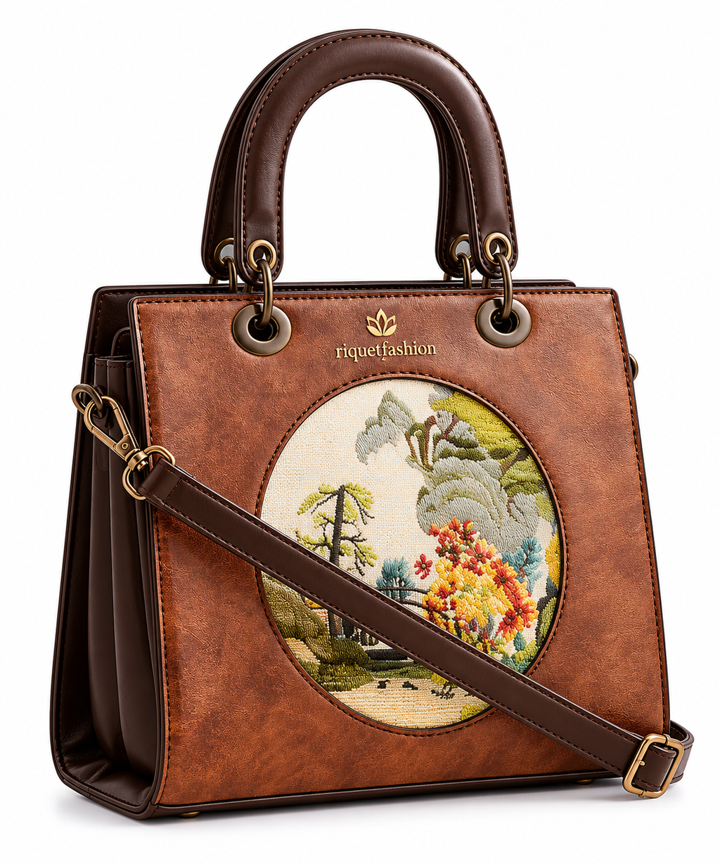 riquetfashion Women's Brown Embroidered Panel Shoulder Handbag