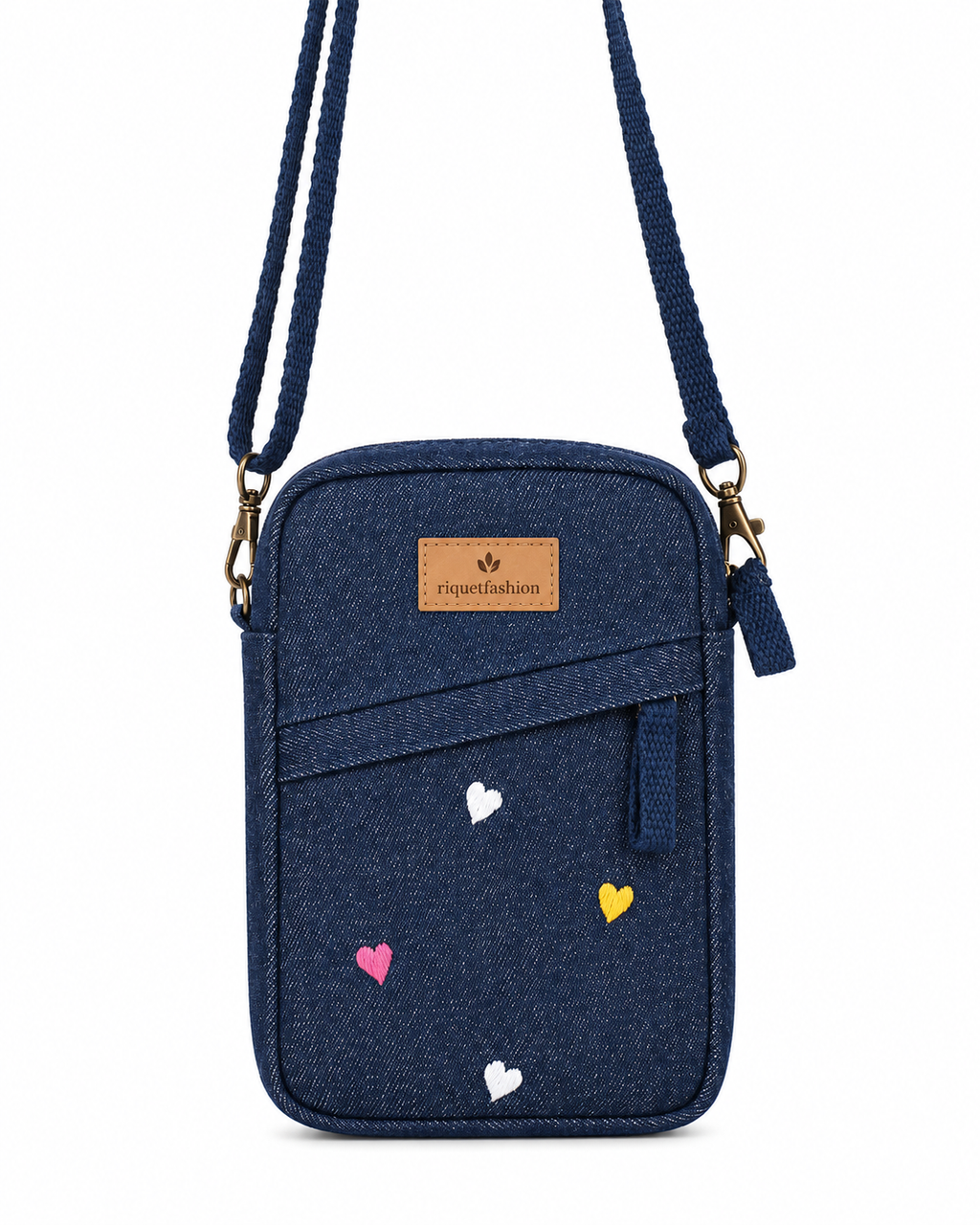 riquetfashion Women's Blue Denim Crossbody Bag with Heart Embroidery