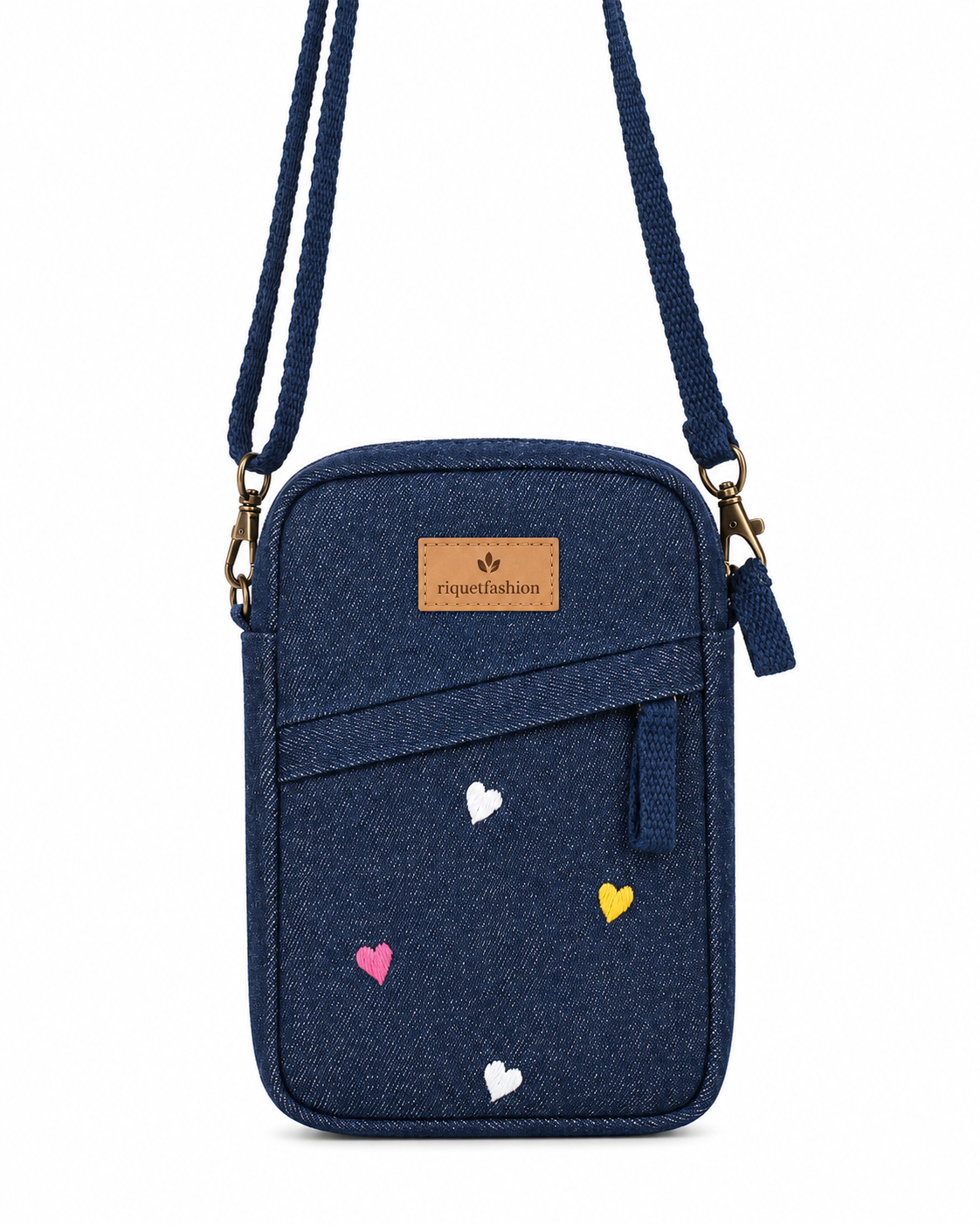 riquetfashion Women's Blue Denim Crossbody Bag with Heart Embroidery