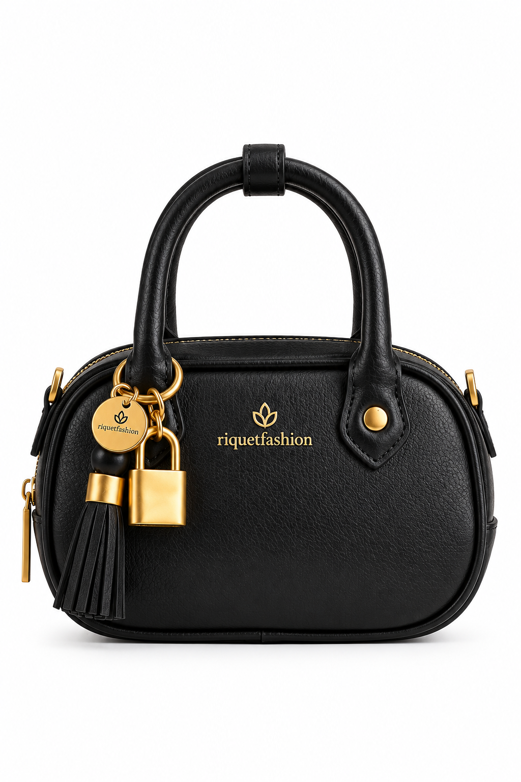 riquetfashion Women's Black Mini Handbag with Gold-Tone Charms